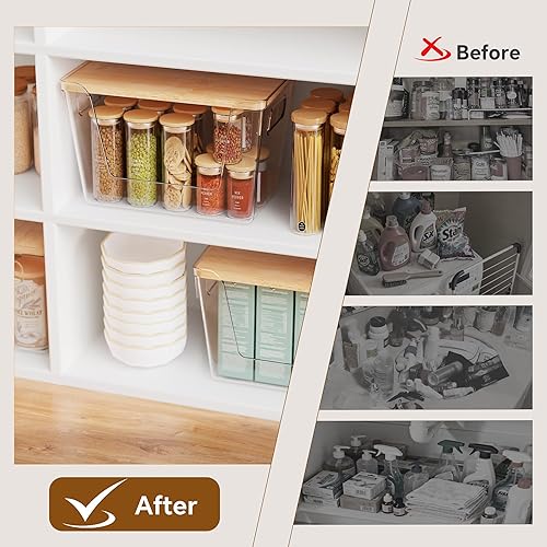 Miniatura 7 de Criusia Juego de 2 organizadores de despensa y almacenamiento con tapas de bambú, contenedores transparentes apilables para cebolla, papa, frutas,