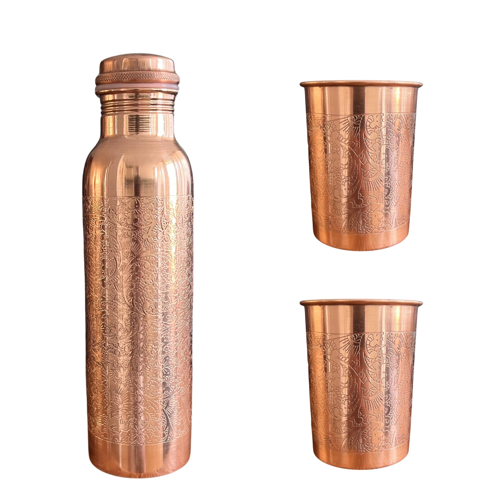 2 handgeprägte Kupfergläser 280ml & 1 Kupferflasche 950ml - Ayurvedisches Trinkset für Gesundheit & Wohlbefinden - Antibakteriell & Nachhaltig