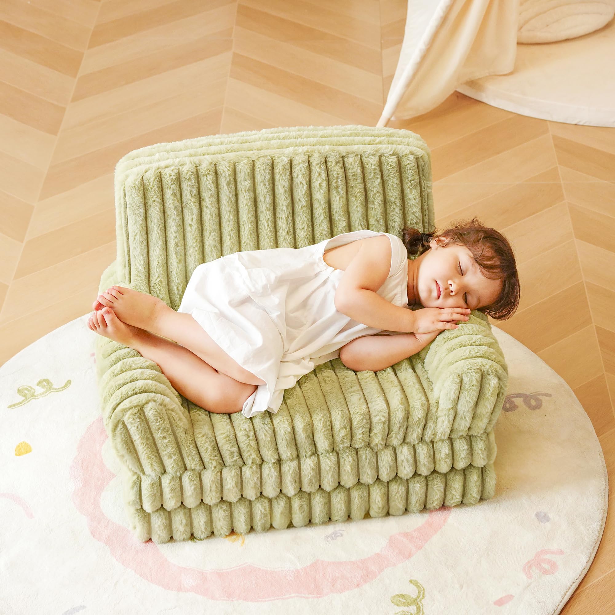ROBUD Kinder Sofa 2-in-1 Klappsofa & Matratze – Faltbares Kindersofa mit abnehmbarem Bezug, Aufbewahrungstasche & Tragegriff - Grün