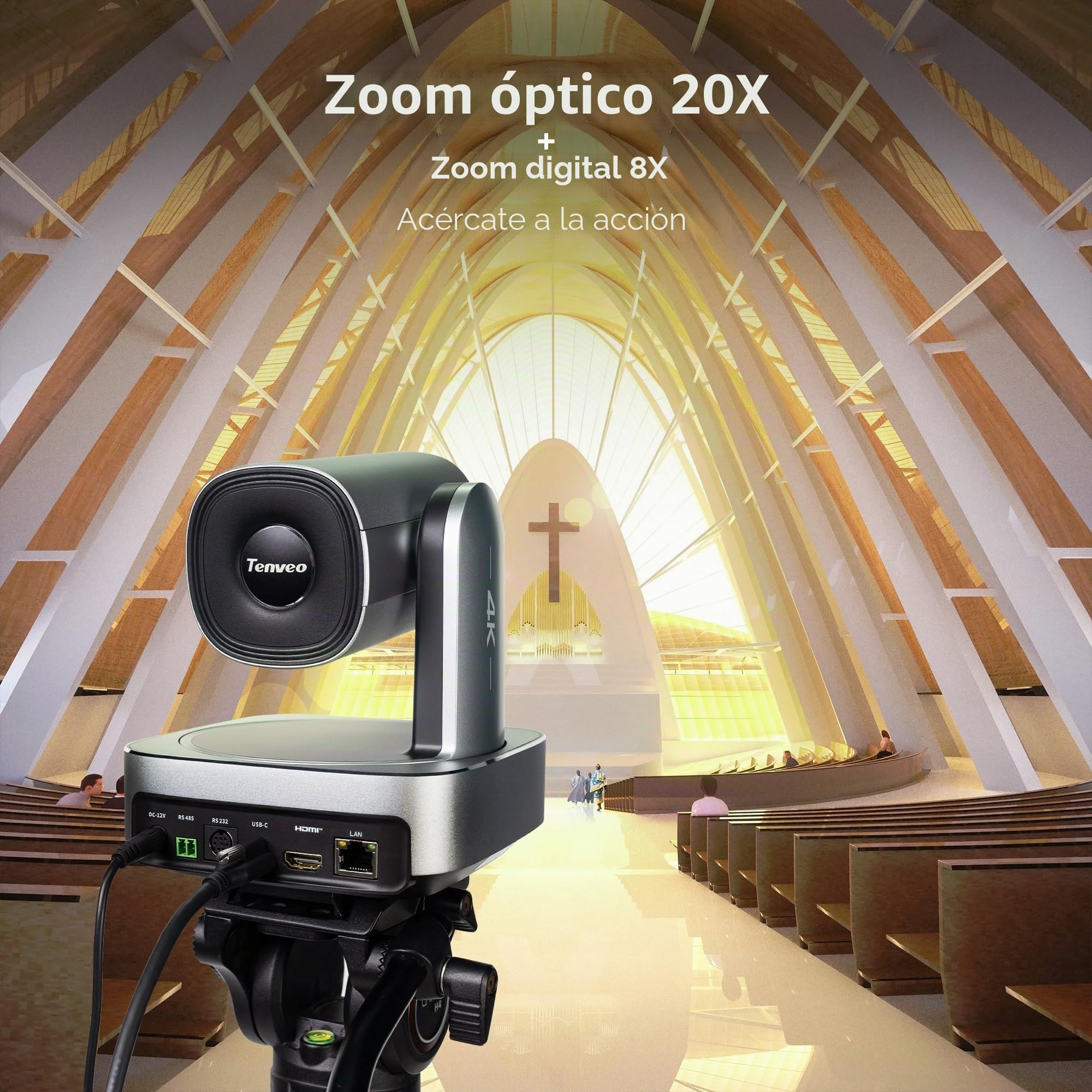 Tenveo 4K PTZ Cámara con Seguimiento por IA de Humanos y Rostros Zoom Óptico 20X + Digital 8X USB3.0/HDMI/LAN PoE IP Cámara para Transmisión en Vivo para Servicios Religiosos, Eventos de Transmisión