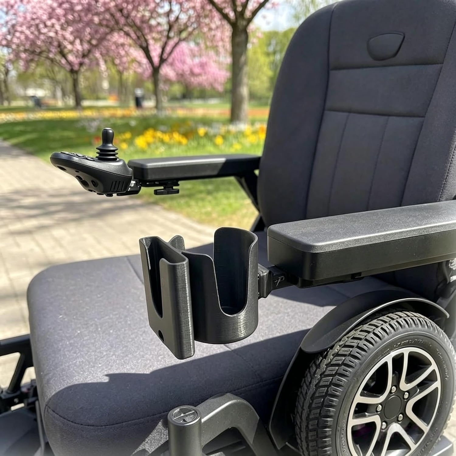 Universal Cup Holder for Power Wheelchairs Compatible with Jazzy Elite Select 6 ES - Armrest Beverage Holder Bracket for Bottles, Cans, and Tumblers, Heavy-Duty Engineering Polymer Mount