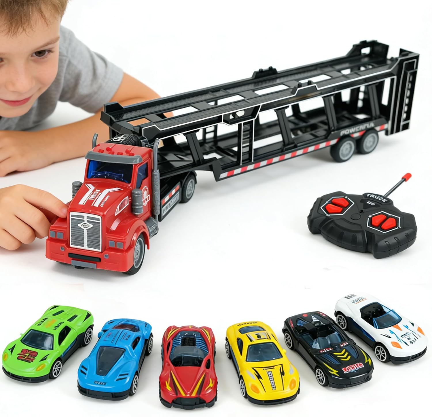 Remote Control Car Transporter Truck Includes 6 Cars, 14" 1:48 Car Transporter Semi Truck Toy, Equipped with 2 Rechargeable Batteries, Gifts Ideas for Boys Age 3-8 Year Old