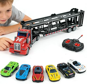 Remote Control Car Transporter Truck Includes 6 Cars, 14" 148 Car Transporter Semi Truck Toy, Equipped with 2 Rechargeable Batteries, Gifts Ideas for Boys Age 3-8 Year Old