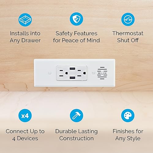 Miniatura 2 de Cargador para ensamblar en cajón Blade con salida integrada en el cajón, apagado de seguridad integrado, (2) USB-A y (2) 15 amperios CA, color blanco
