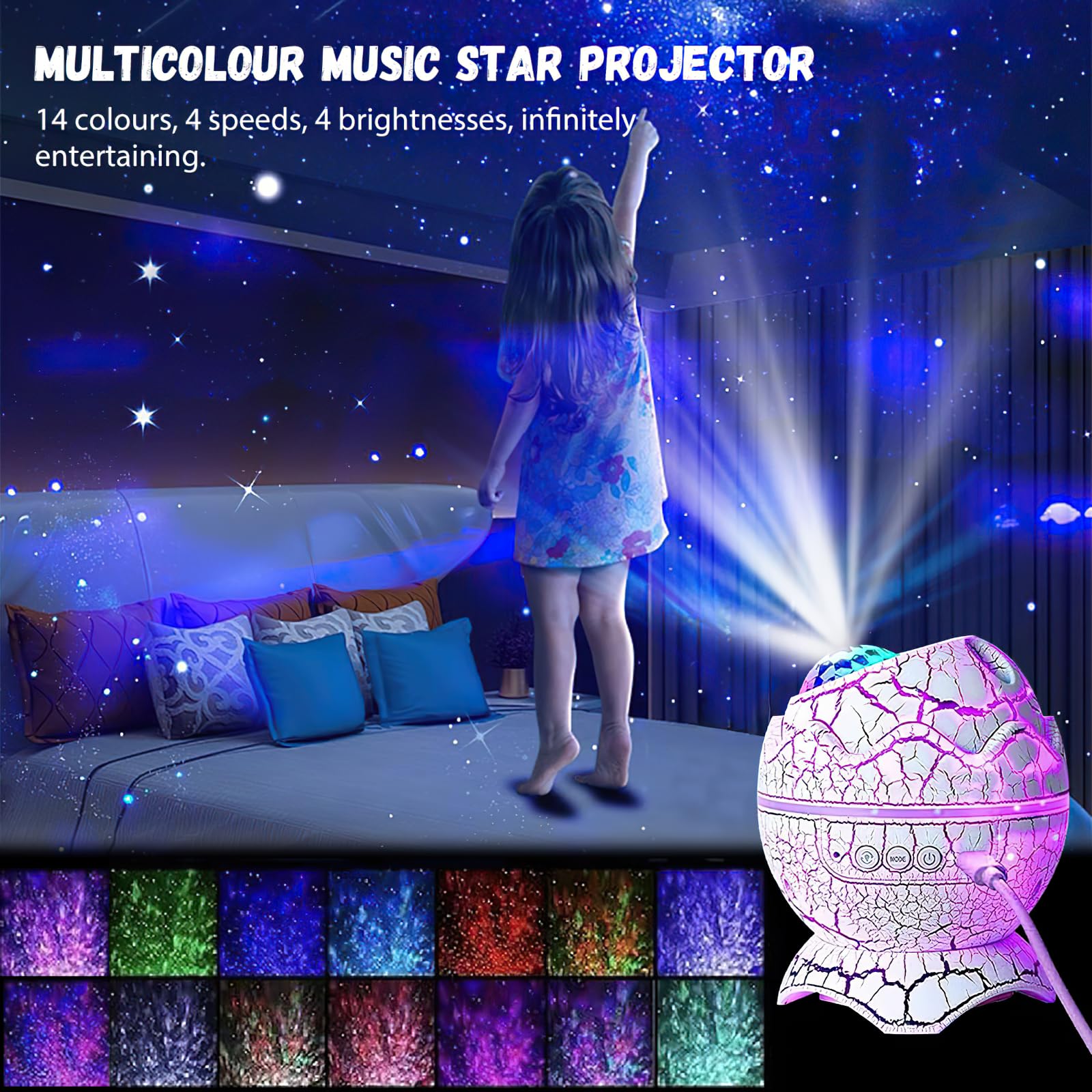 Dinosaurier-Projektor, Dinosaurier-Egg, 4-in-1-Projektor, Aurora Boreal, Bluetooth – Lautsprecher, Starlight-Projektor, Geschenk für Kinder mit Geräuschen, Weiß (blau)