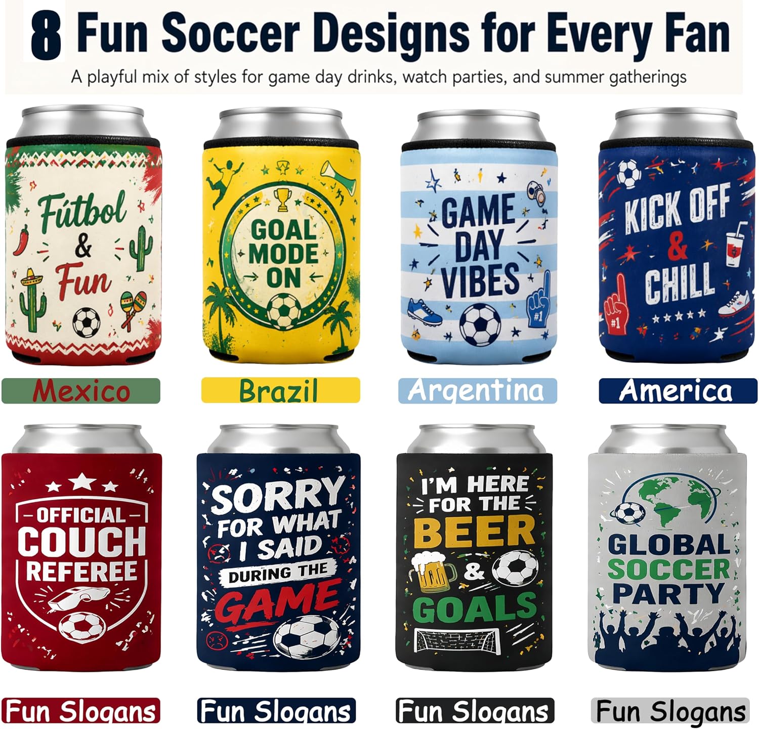 2026 World Soccer Celebration Theme Can Cooler,World Drink Insulators for Soccer Fans,Beer Sleeve Bulk for Watch Parties,Tailgates,BBQs,and Sports Events (500, Funny slogans for watching football)