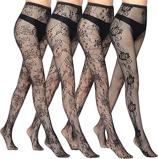 4 Pairs Lace Patterned Tights, Black Pantyhose Women, Seamless Nylon Stockings, Hollow Out Pantyhose, Small Hole Pattern Leggings Tights, Net Pantyhose, High Waist Stockings