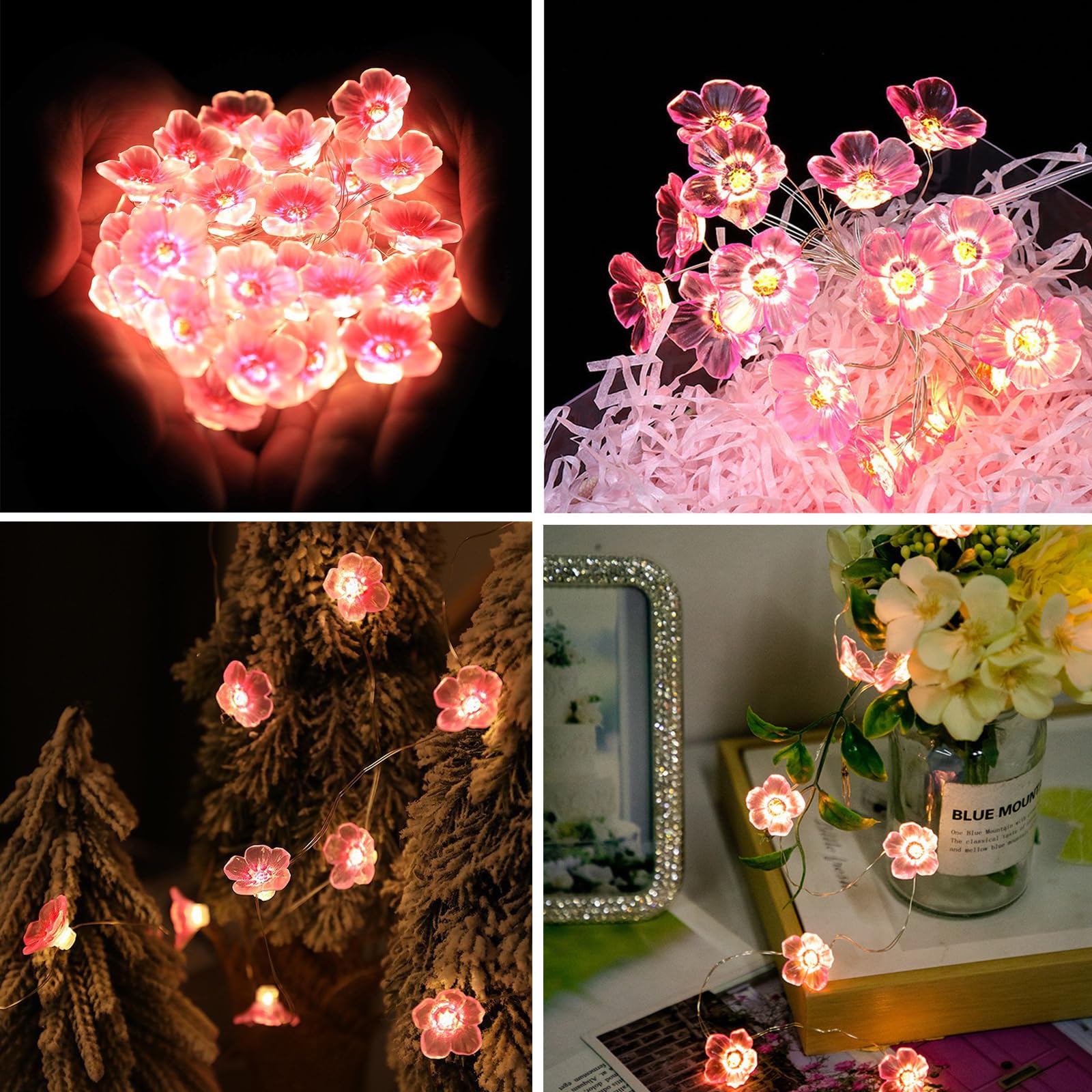 Łańcuch świetlny LED z kwiatami, łańcuch świetlny na baterie z timerem, 20 diod LED, 2 m, kwiaty wiśni, dekoracja na wiosnę, zasilanie bateryjne, dekoracyjne światła na imprezę, do sypialni, na Boże
