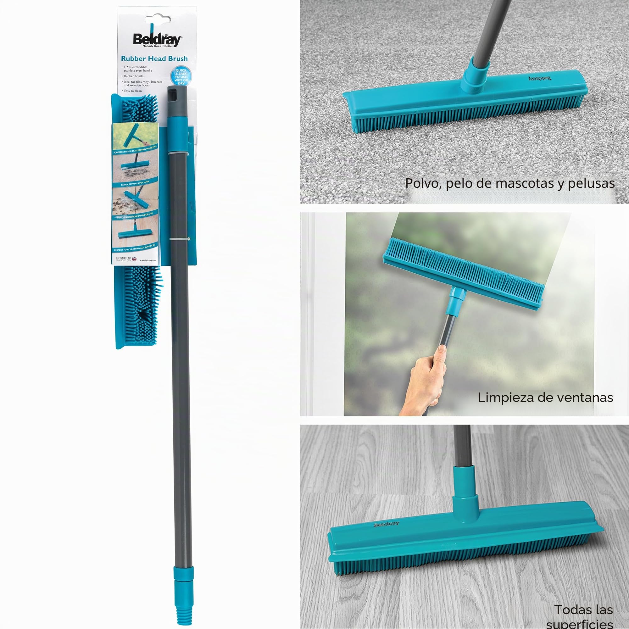 Beldray LA024350TQ Escoba Con Cerdas De Goma, 2 en 1, De La Gama Pet Plus+ Cepillo Con Borde De Escobilla, Para Suelos, Ventanas, Mascotas y Polvo, Para Espacios Interiores Y Exteriores, Turquesa/Gris