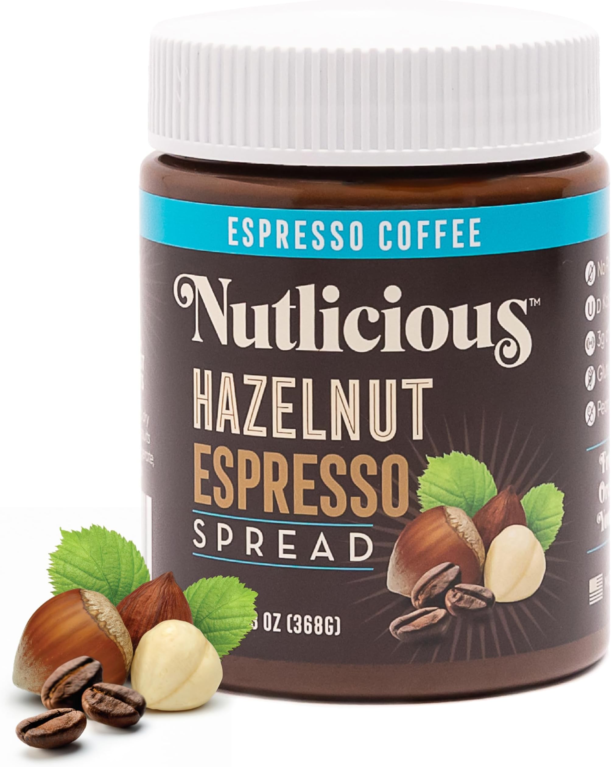 NUTLICIOUSHazelnut Espresso Spread (13 oz), Spreadable Espresso with A Hint of Roasted Hazelnuts, Made in the USA, No Palm Oil, 3 gm of Protein