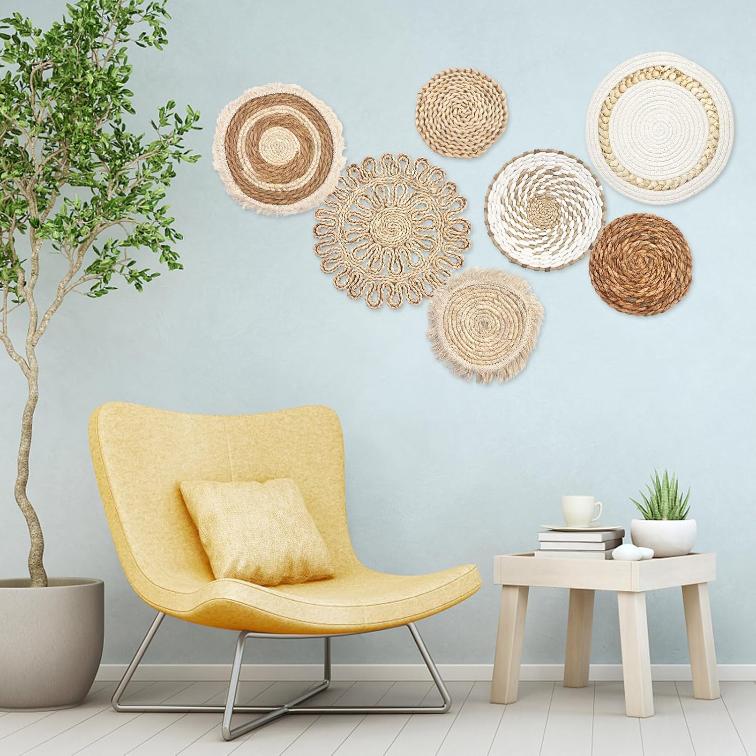 Set of 7 Boho Wall Baskets, Wall Hanging Rattan Decor, Flat Round Woven Water Hyacinth Corn Husk Farmhouse Handmade Macrame Hanging Woven Baskets for Living Room Bedroom Dining Room - Light Color