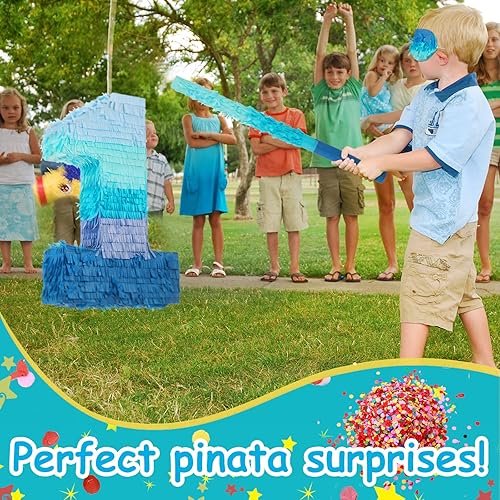 Miniatura 3 de Sratte Número 1 2 3 4 5 6 7 8 9 Piñata con palo para vendar y confeti, piñata azul degradado para niños, niños y niñas, decoración y suministros de