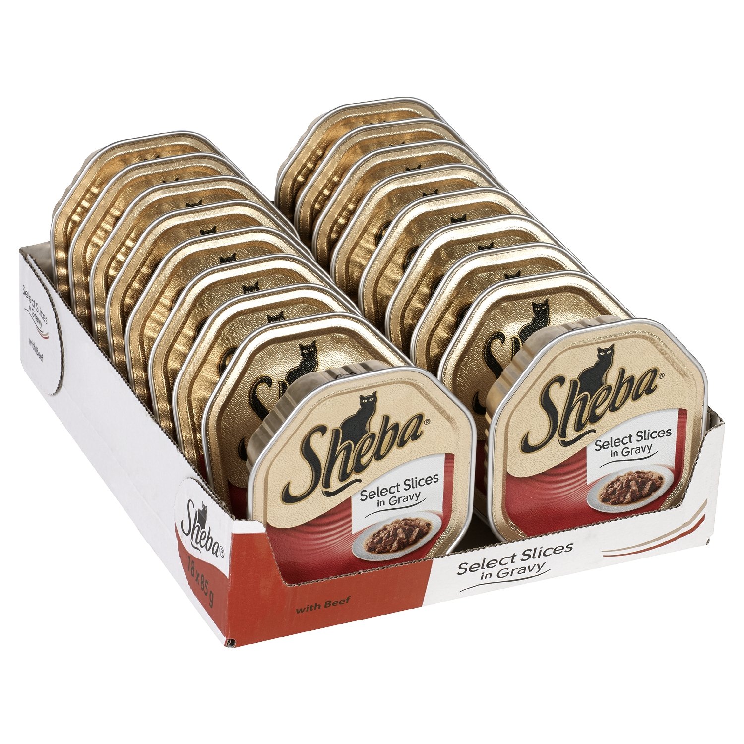 Sheba Cat Food Tray Select Slices in Gravy with Beef, 85 g (Pack of 18)