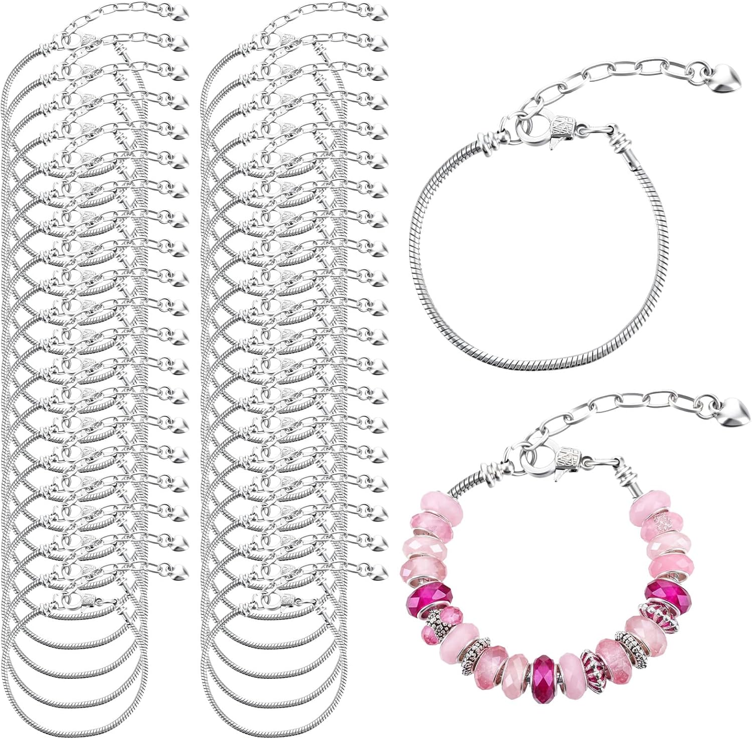 40pcs Snake Chain Charm Bracelet Chains Kit 2.6mm Adjustable Snake Charm Bracelet with Heart Lobster Clasp Extender Chain DIY Bracelets Chains for Christmas Women Gifts DIY Jewelry Making Supplies