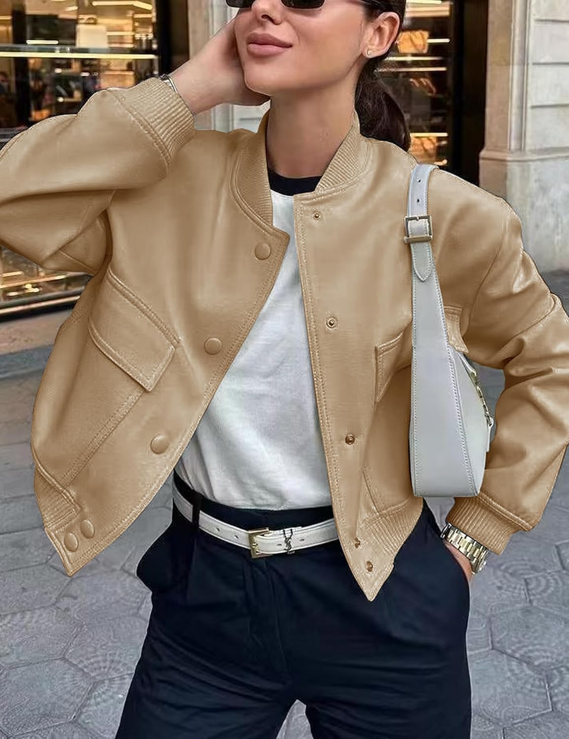 Womens Cropped Bomber Jacket Button Down Varsity Jackets Shackets with Pockets - Image 2