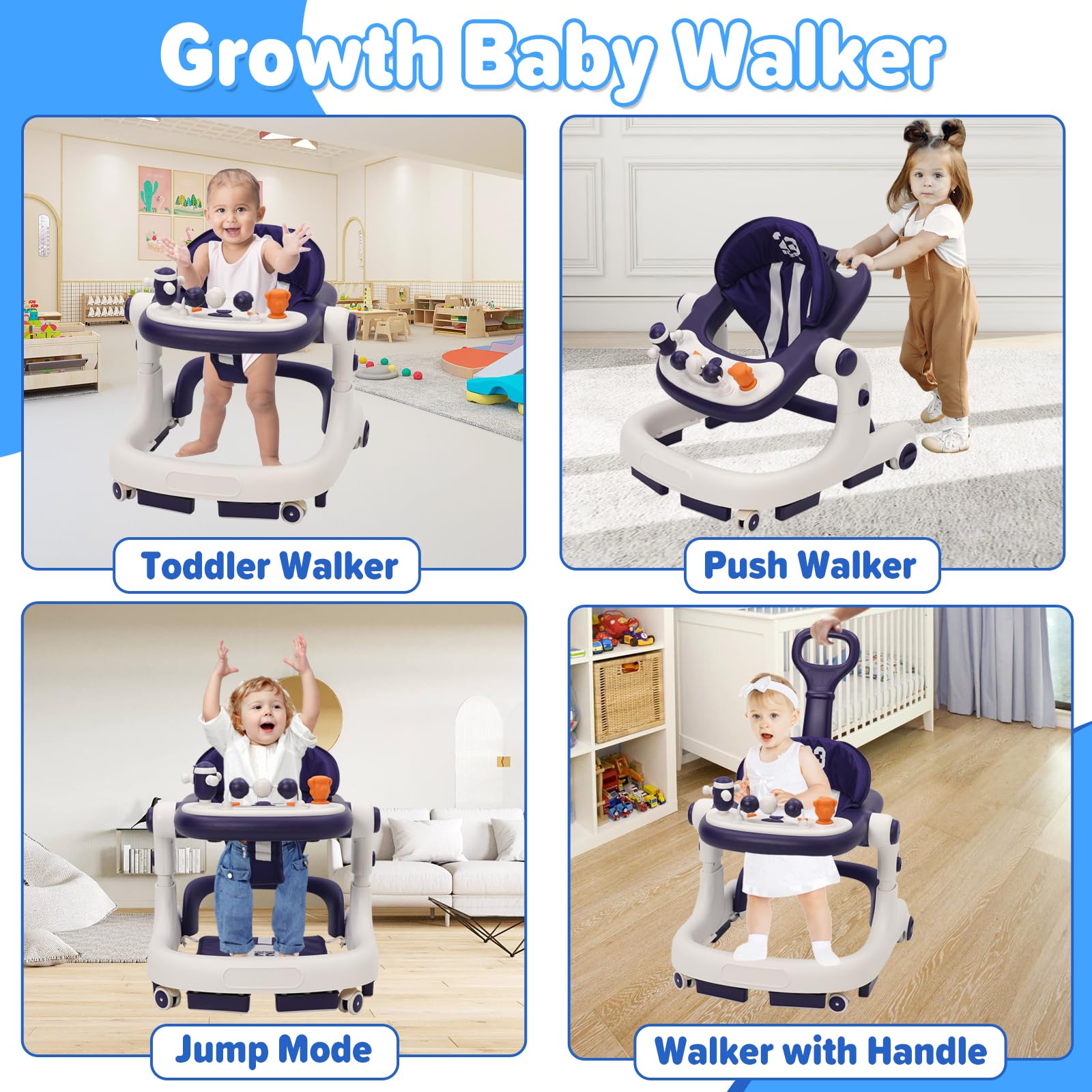 Trotteur Bébé 3 en1, Babywalker avec Hauteur Réglable, Trotteur Bébé Garçon Fille Évolutif avec Musique & Lumière, Centre d'Activités pour 6-18 Mois (gris) (Bleu)