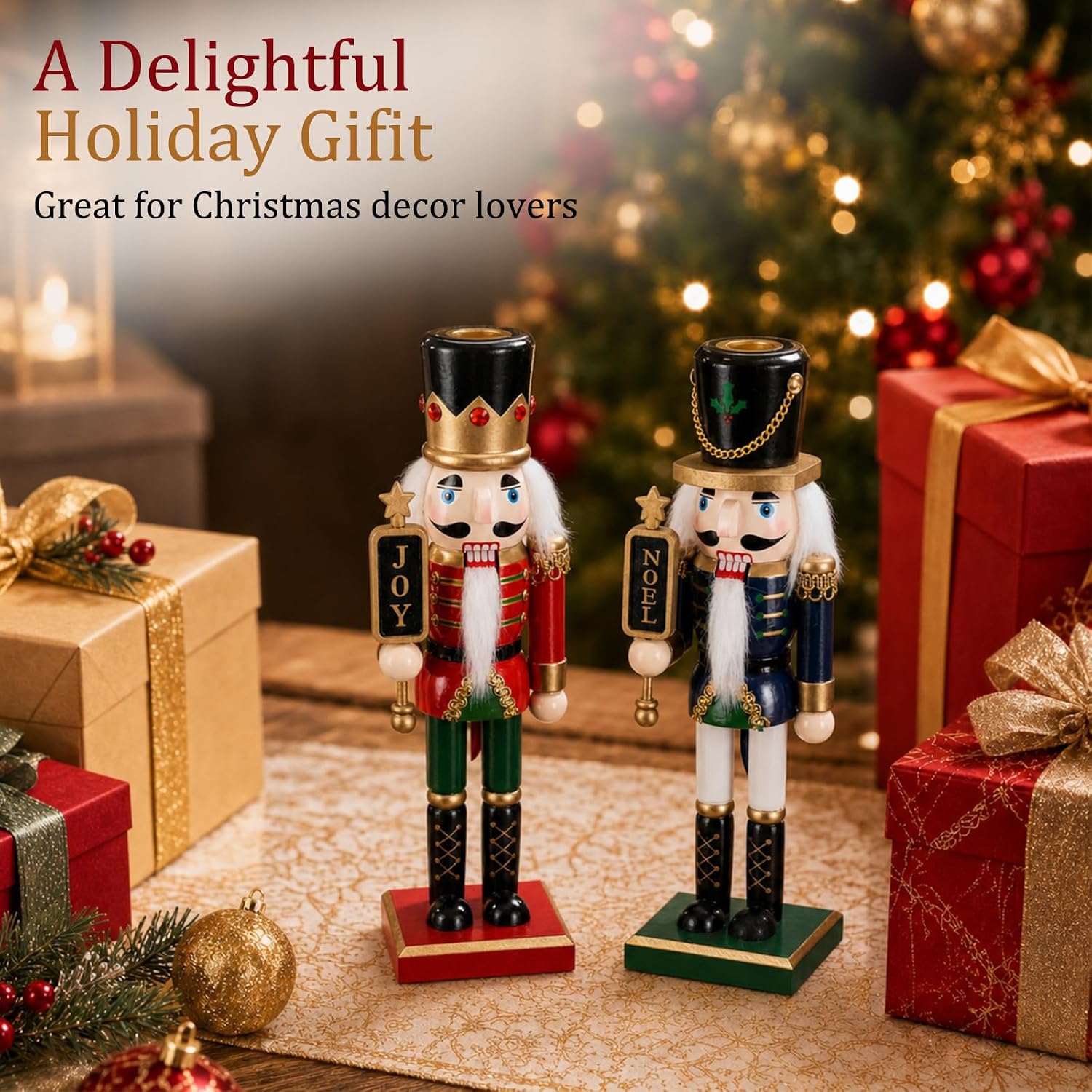 2 Pcs Christmas Nutcracker Candle Holder Nutcracker Candlestick | 10.2 Inch Rustic Xmas Nutcracker Soldier Wooden Taper Candlestick Table Centerpiece for Mantel Fireplace Tabletop Decor