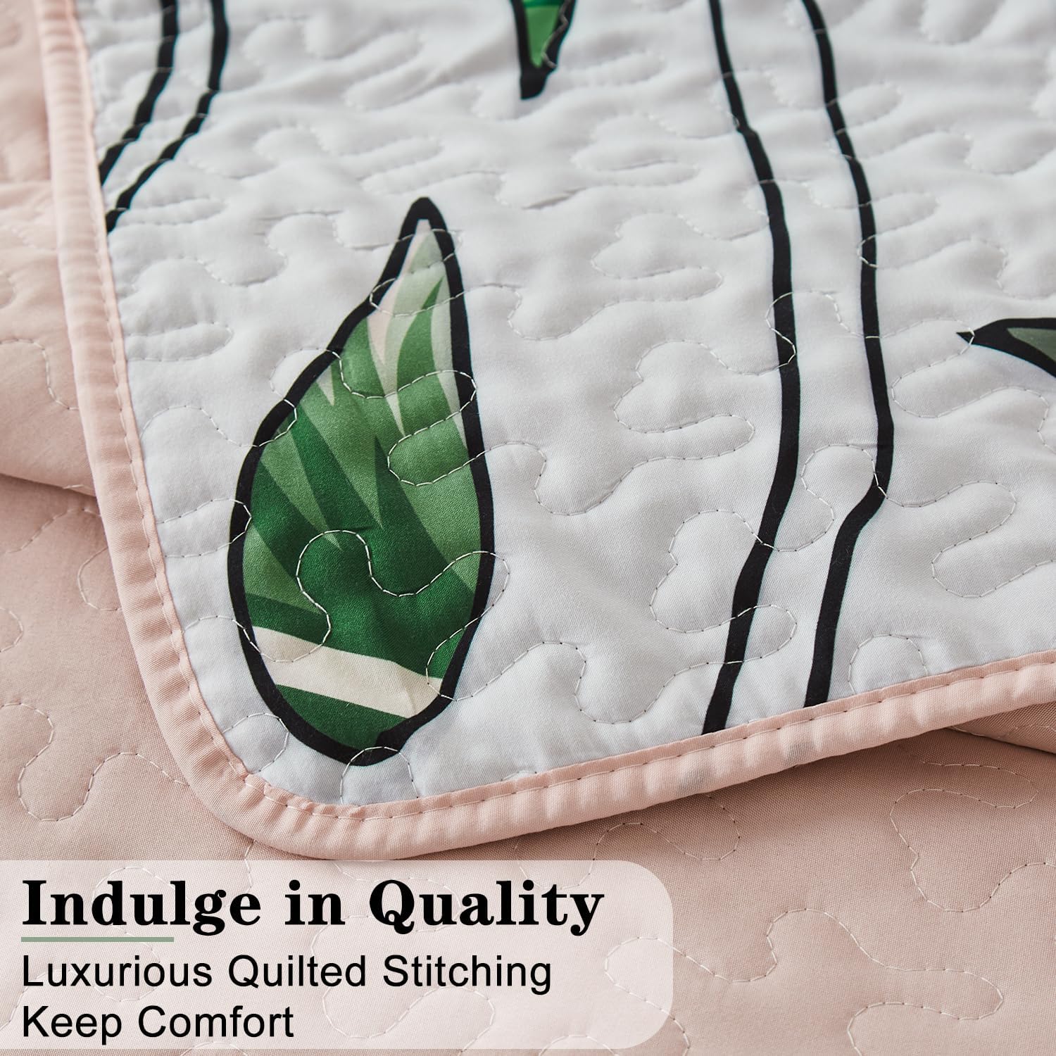 Yogeneg King Quilt Bedding Set,White Green Botanical Pattern Blush King/Cal King Quilt Set,3 Piece Lightweight Soft Summer Bedspread Coverlet with 2 PIillow Shams,All Season(Blush,110"x96") - Image 5