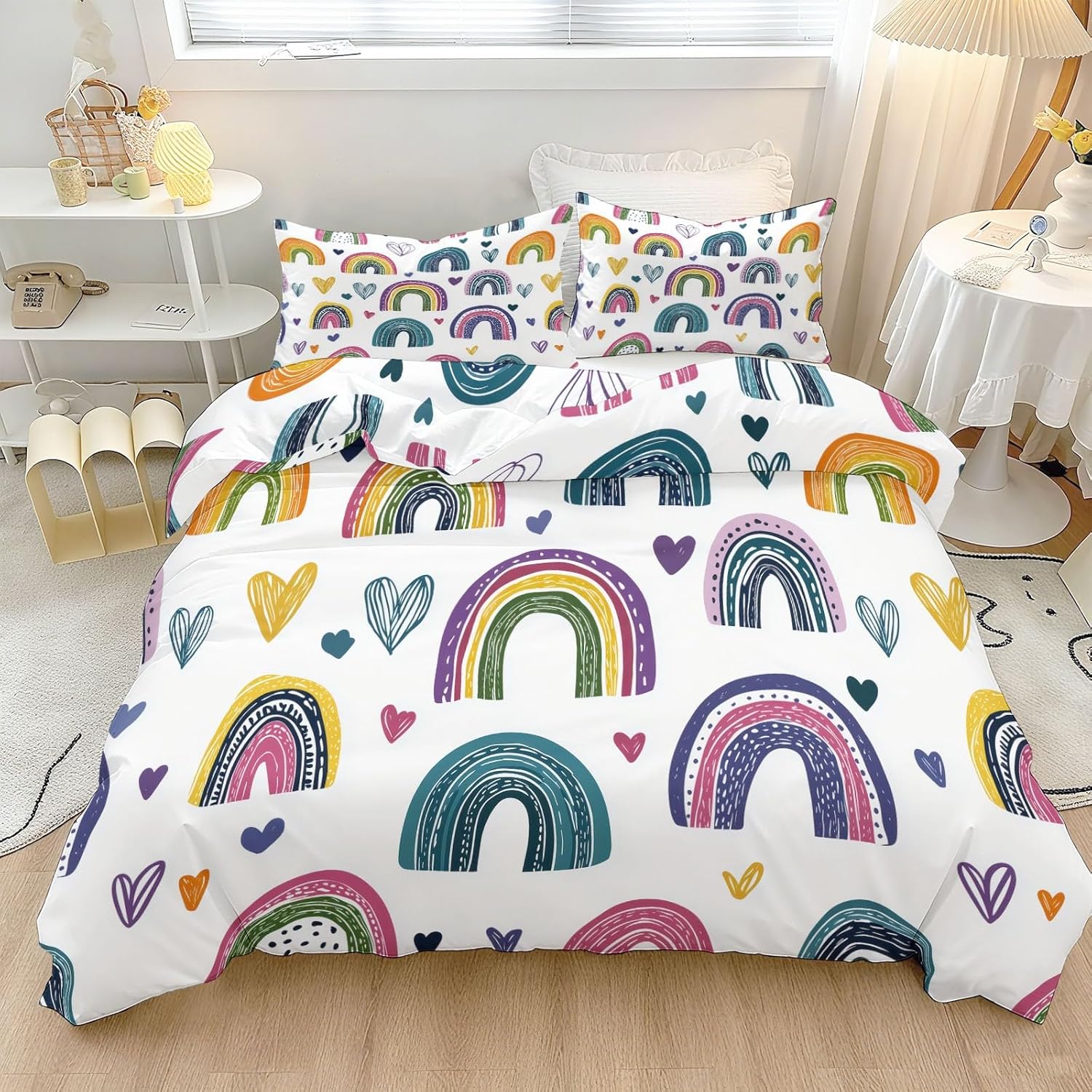 Duvet Cover for Kids Cartoon Rainbow Lines Heart Shape Quilt Cover Sets Reversible Soft Bedspread Cover Room Decor, Colorful Bedding Set 3Pcs Zipper Closure Boys Girls Teens (Full Size 80"x90")