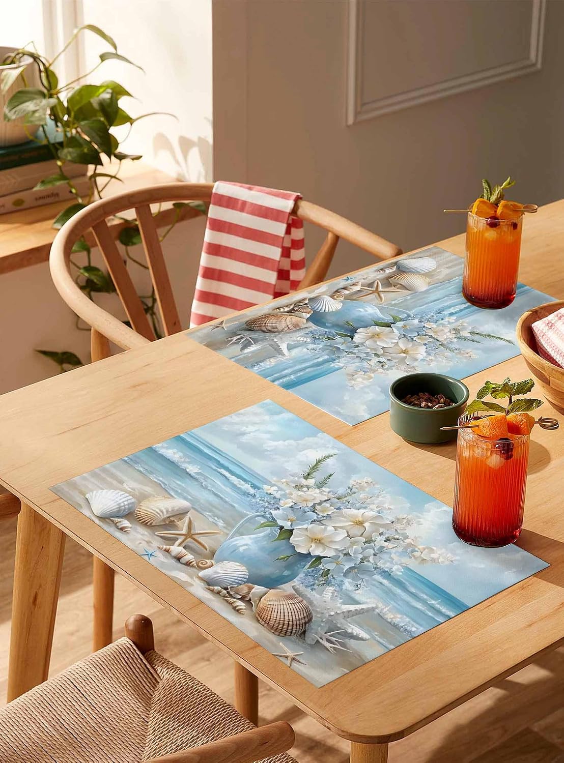 White Floral Placemats Set of 6 Ocean Beach Sky Blue Vase Seashell Oil Painting 13x19 Inch Washable Non Slip Linen Table Mats, Rustic Summer Placemats for Dining Table Party Kitchen Decor