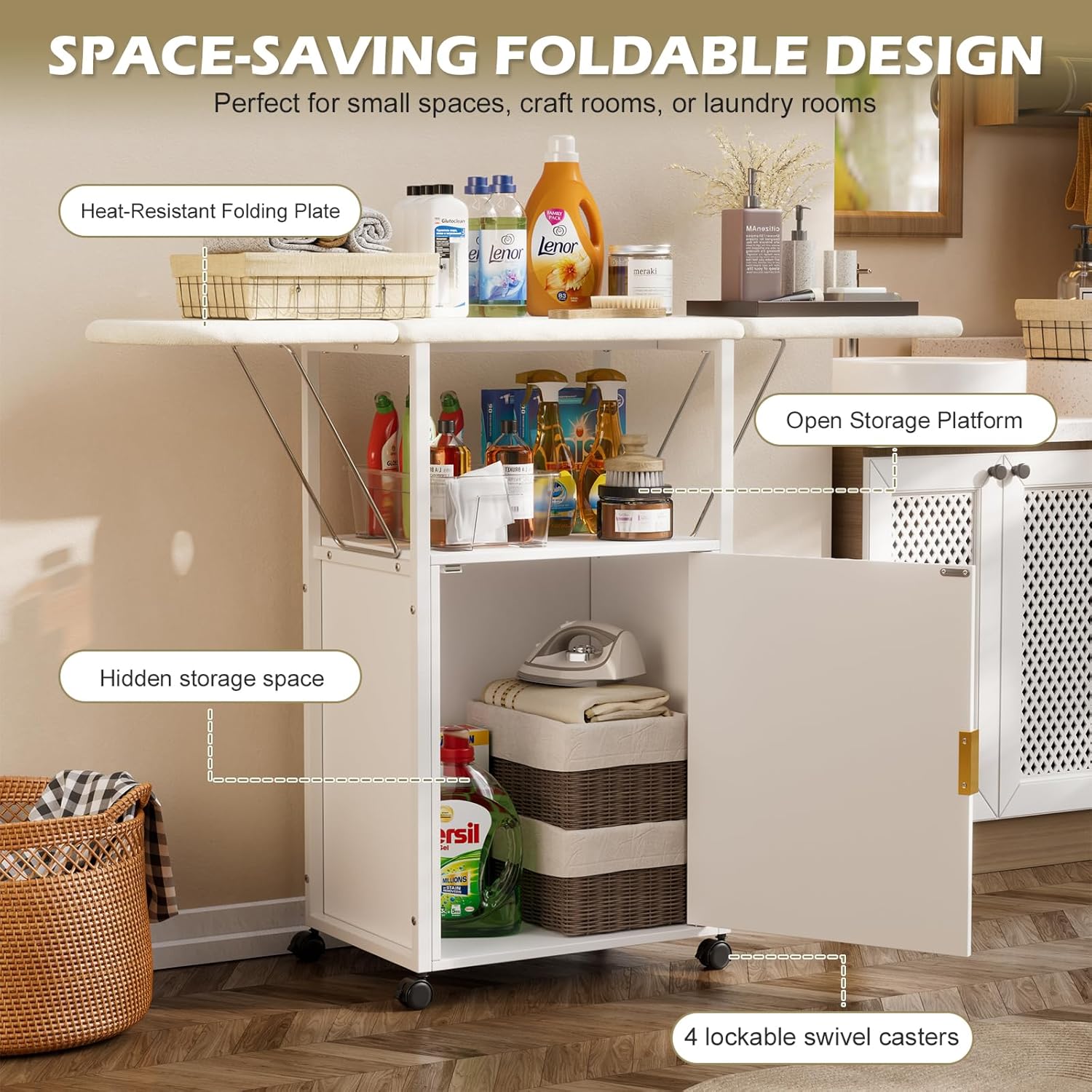 PAKASEPT Ironing Board with Storage Cabinet, Folding Ironing Board with Heat-Resistant Pad, Laundry Folding Station with Storage Shelves, Compact Ironing Table for Laundry Room