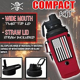 Iron Infidel Battle Bottle - 32 Oz Insulated Water Bottle with Straw Lid & Chug Cap, Stainless Steel Metal Flask Includes Rugged, Removable Sleeve for Keys, Wallet, & Phone (Thin Red Line 1 Liter)