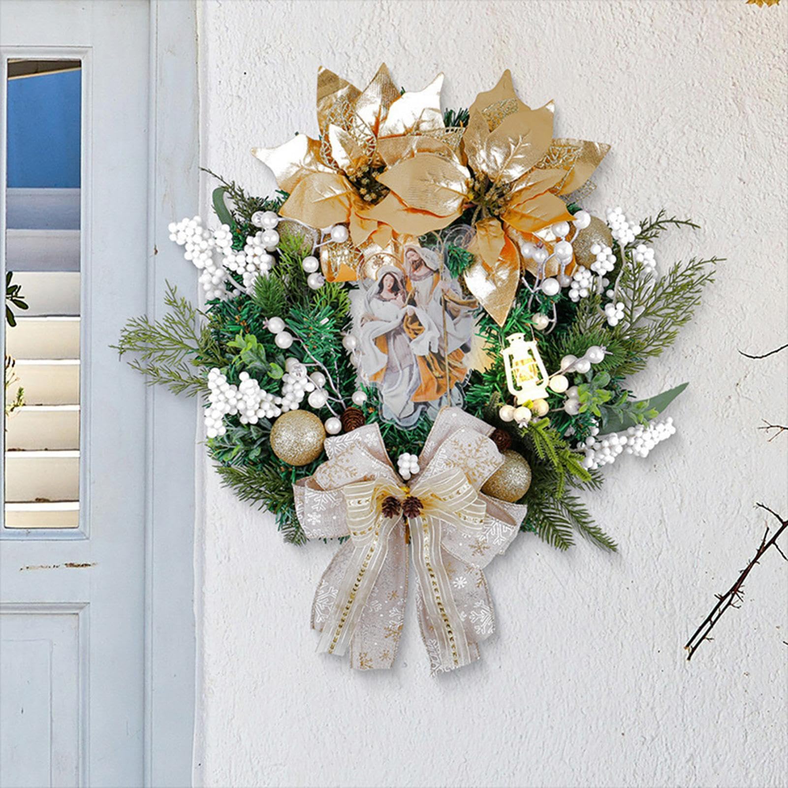 Coronas Navideñas para Puerta Principal Decoración De Pared Nacimiento | Corona Navideña Artificial Con Luces LED Para Porche Chimenea Cocina Salón Dormitorio Entrada Escuela Bodas Restaurante
