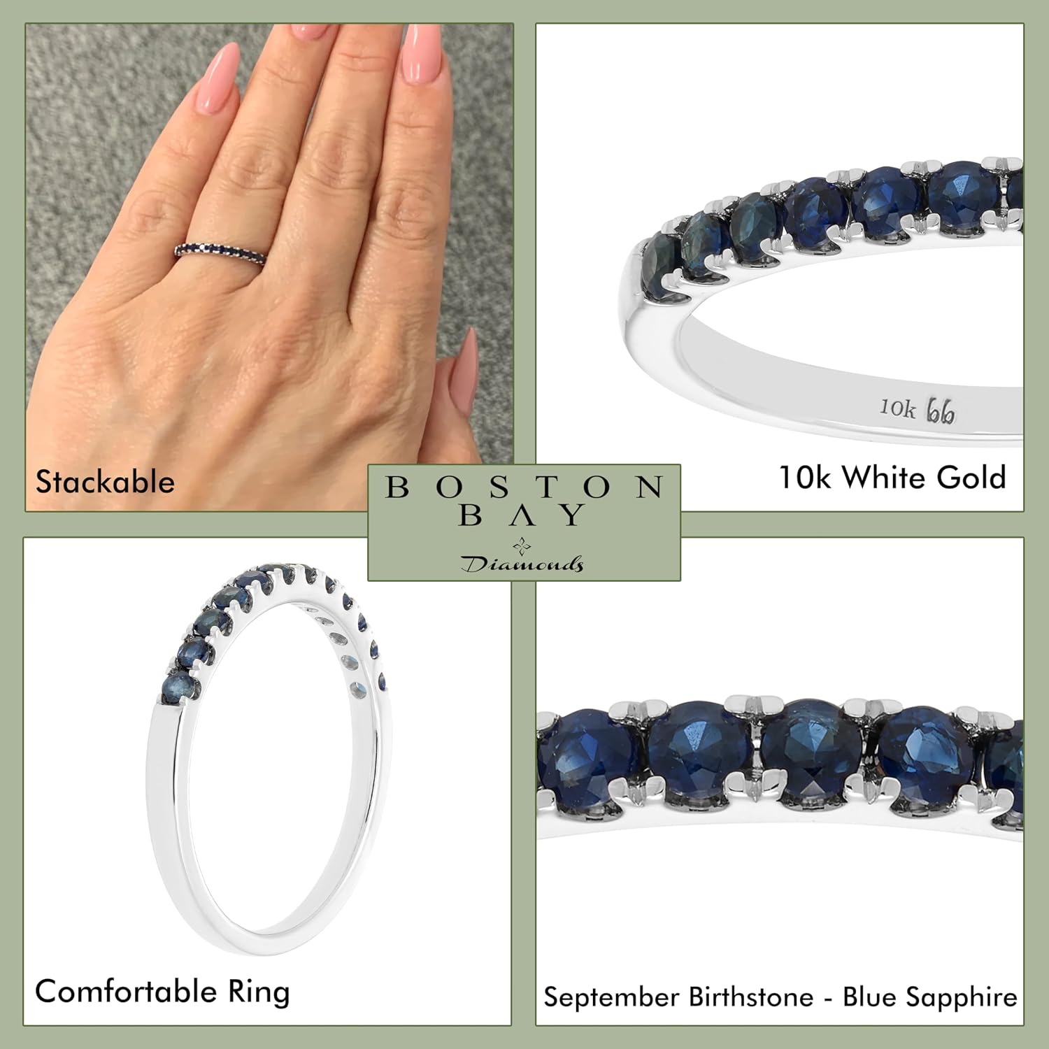 Boston Bay Diamonds 10K Gold Stackable Wedding Gemstone Anniversary Band Ring - Choice of Birthstone, Ring Size, and Yellow or White Gold
