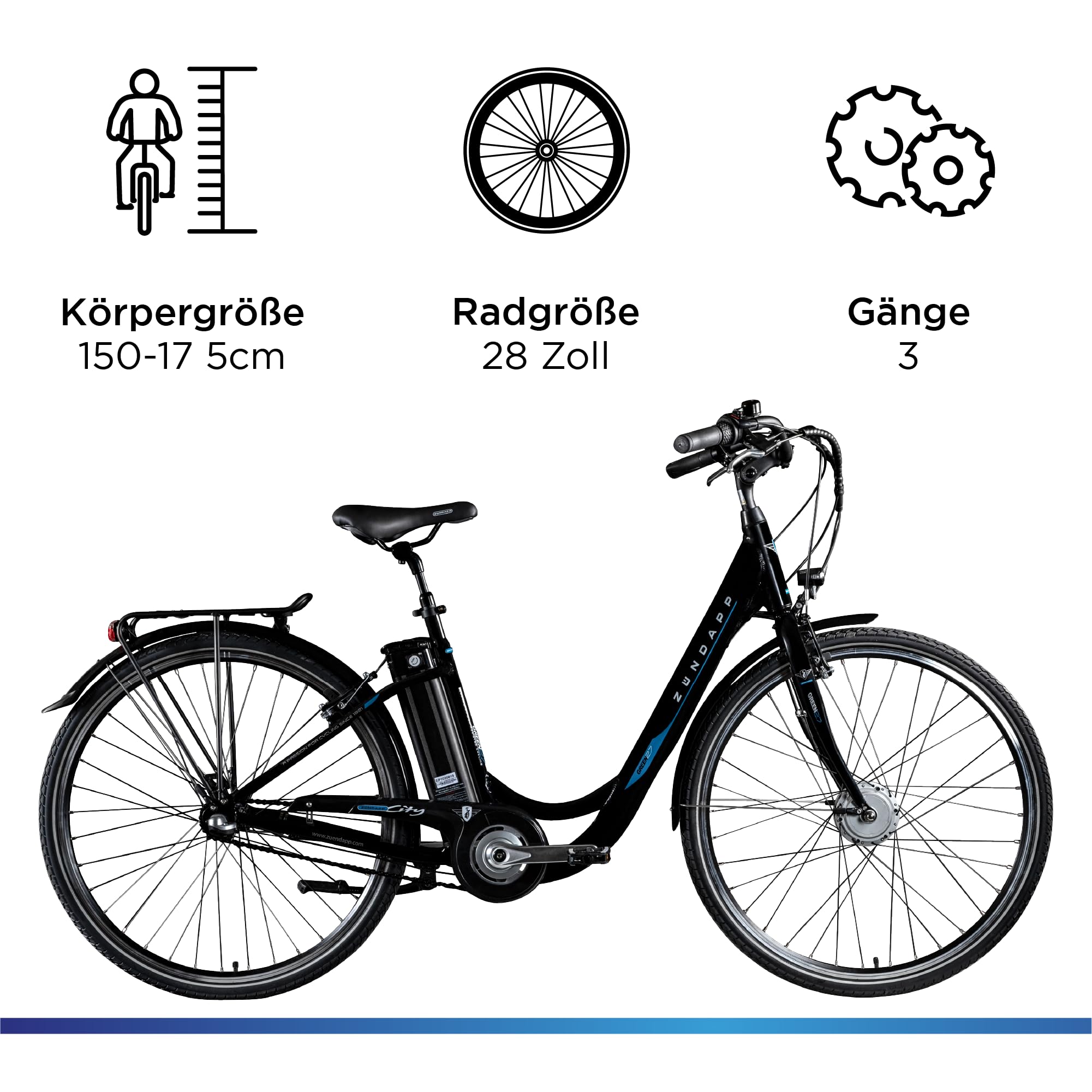 ZÜNDAPP E Bike Elektrofahrrad 28 Zoll | E-Bike mit Rücktrittbremse | City Ebike 3-Gang Nabenschaltung | Elektrofahrrad mit Schloss für Erwachsene | Green 2.7