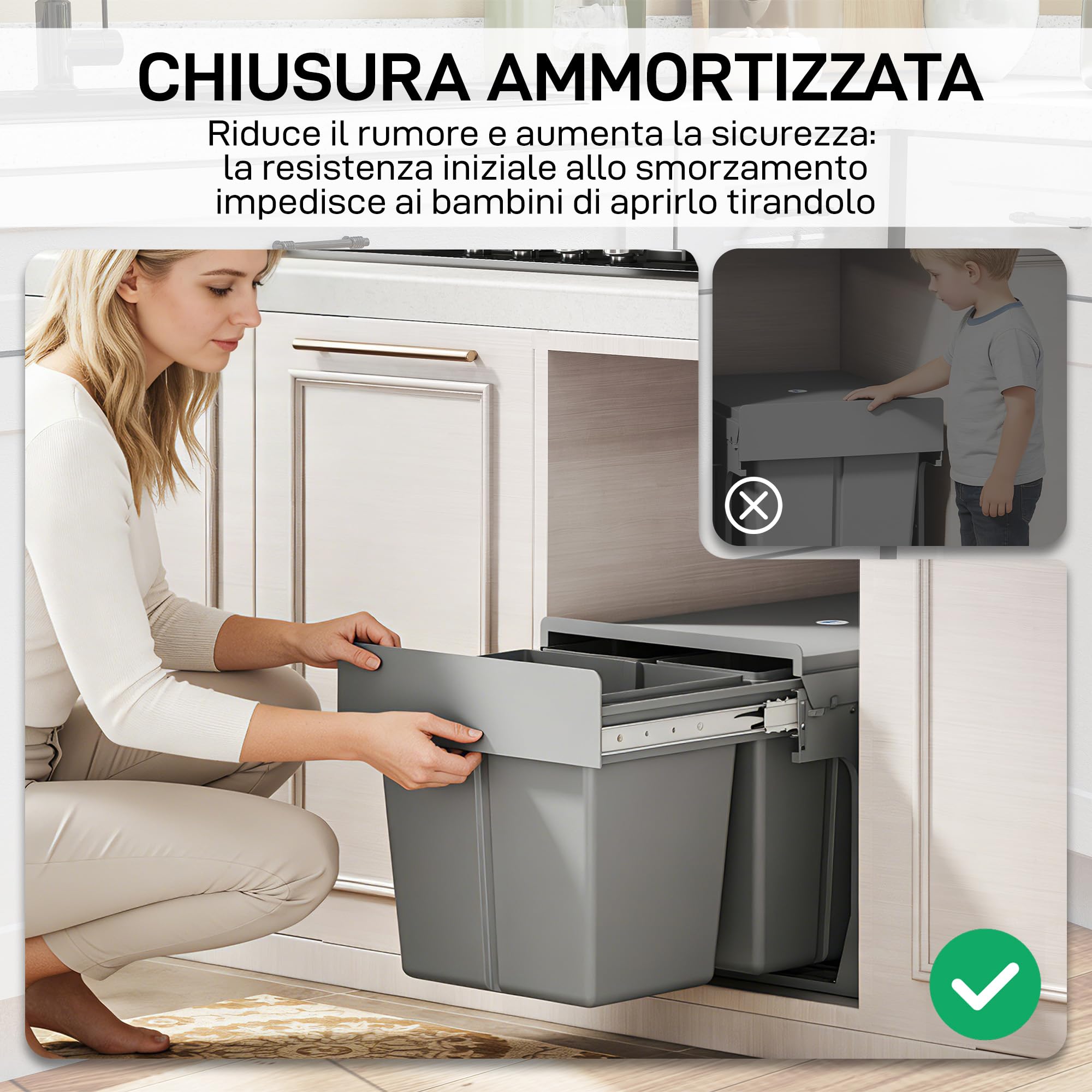 HOMCOM Pattumiera Estraibile Sottolavello 48x34.3x35.1 cm Grigio Chiaro | per Raccolta Differenziata 31L, Bidone Rifiuti, 3 Secchi Rimovibili, con Piano Superiore