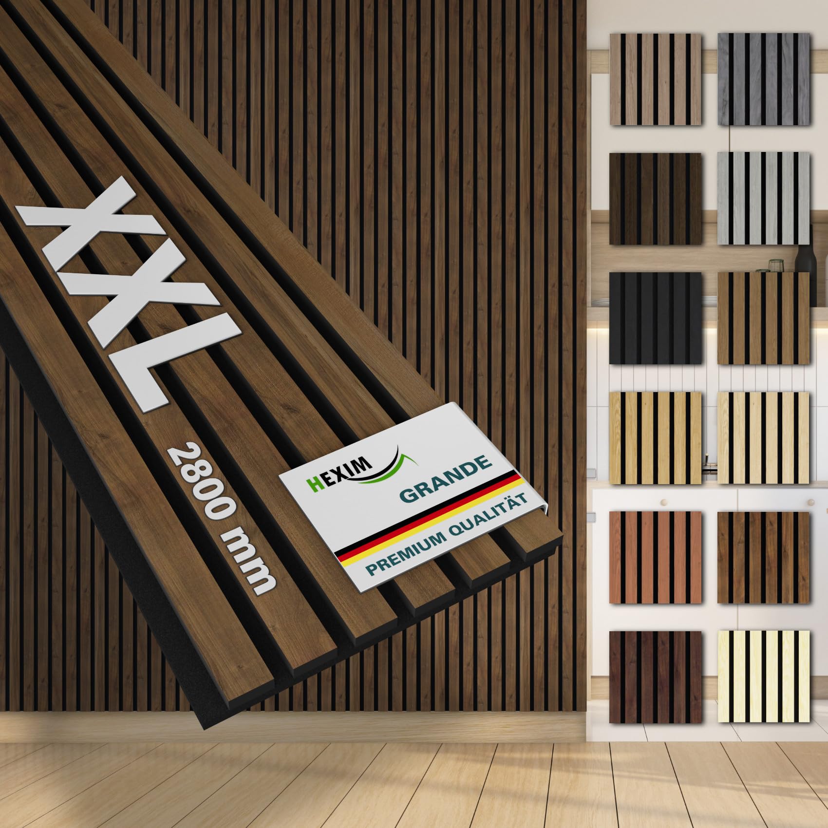 HEXIM Akustikpaneele 280x30cm Holz Grande - XXL Wandpaneele Platten Lamellen Holzpaneele Echtholzfurnier 21mm Filz Schalldämmung MDF Braun (0,85m² Light Walnut)
