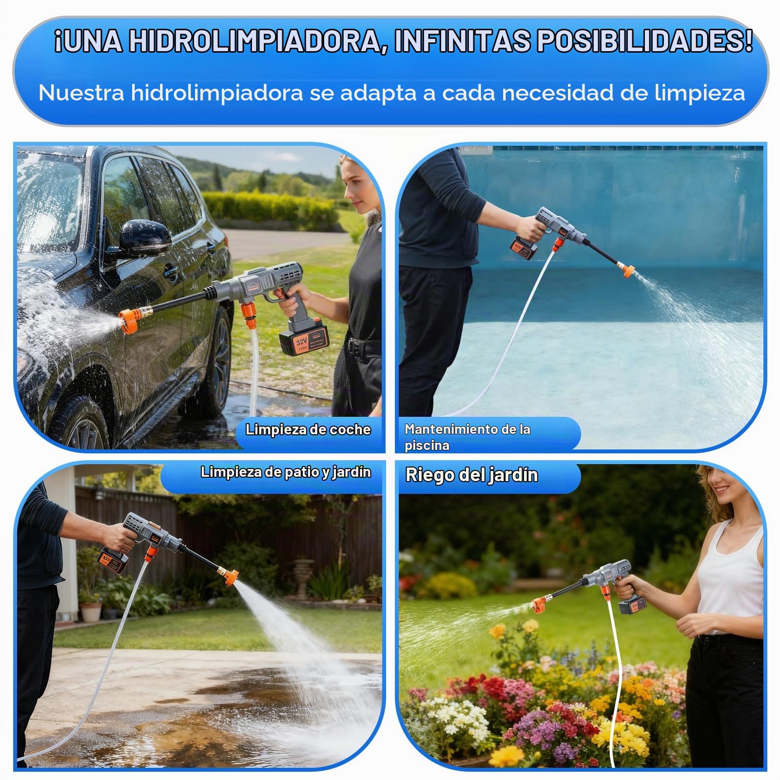 DEWINNER Pistola de Alta Presión Portátil Batería 32V MAX 580 PSI, Kit de Lavado Eléctrico con Batería 2.6Ah y Boquilla Giratoria, Ideal para Coche, Patio, Ventana, Jardín