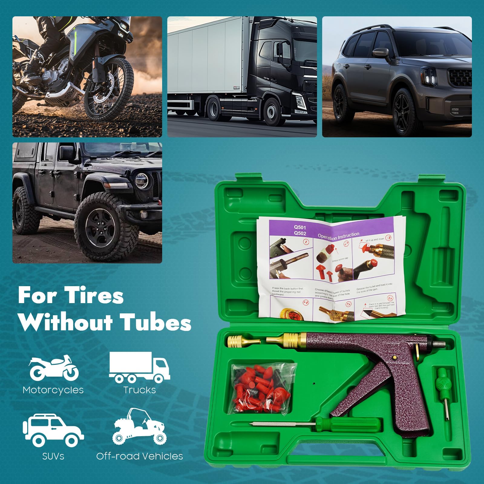 Kit de Réparation de Pneus sans Chambre à Air avec Pistolet Equipé de Bouchons Champignons pour Réparer Les Crevaisons et Les Flats sur Voitures, Motos, VTT, Camions et Tracteurs