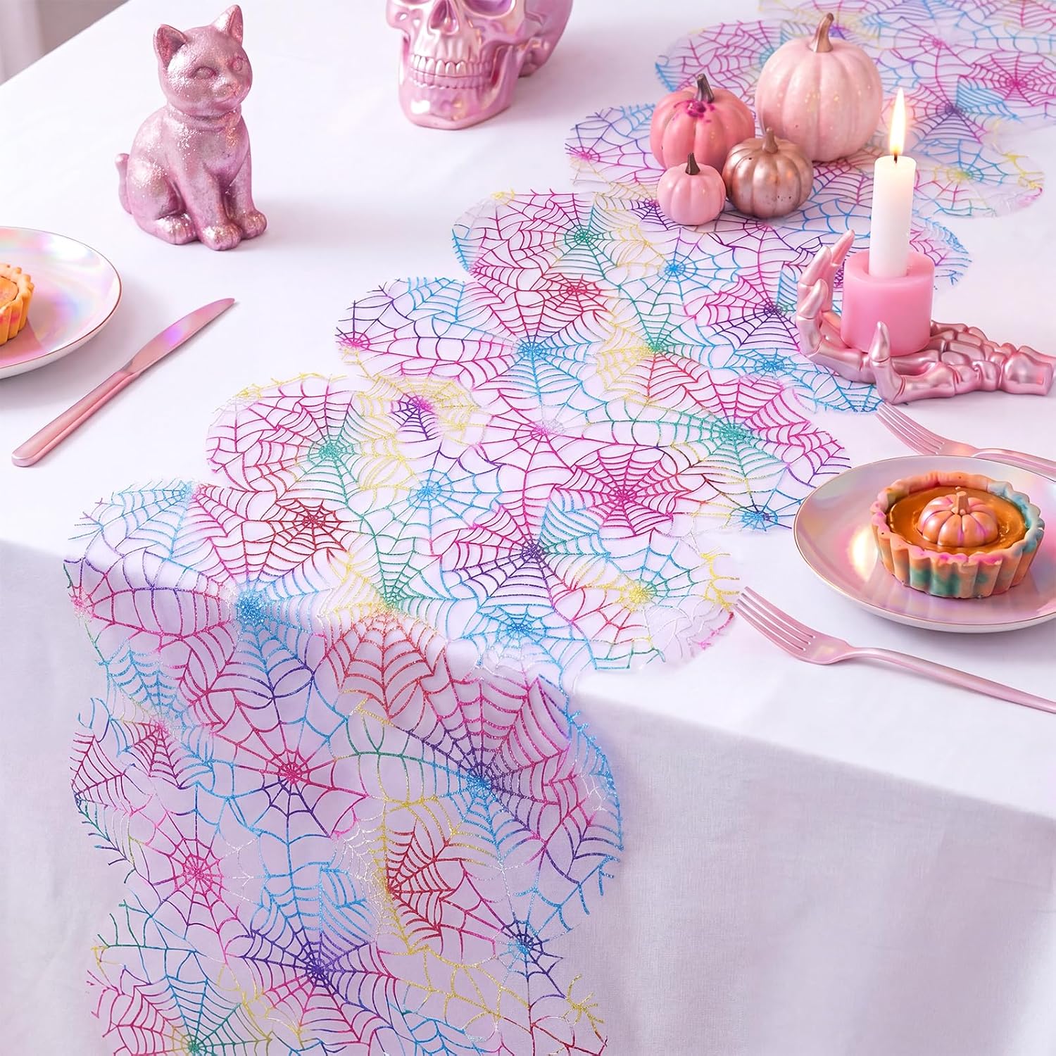 Irenare 1pc Iridescent Spider Web Table Runner Halloween Pastel Table Decor