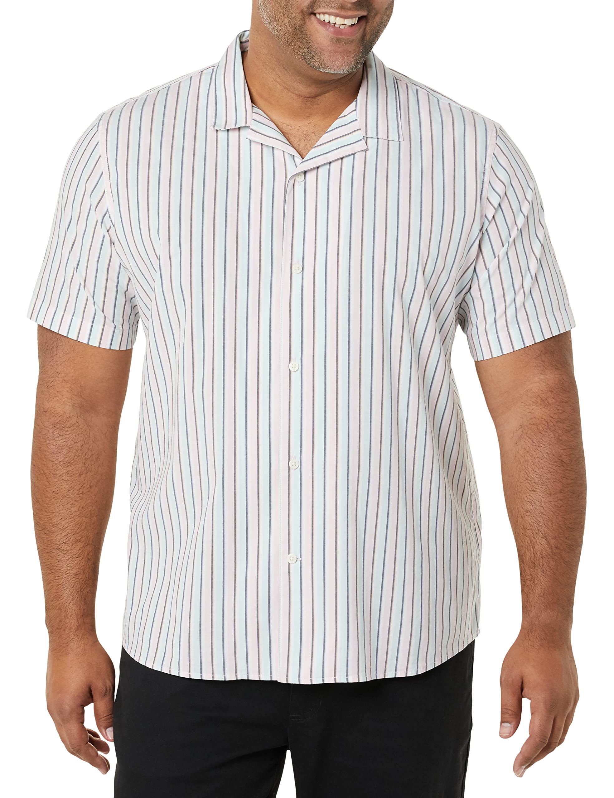 Amazon Essentials Herren Urlaubshemd Aus Baumwolle Mit Knopfleiste, Kurzärmelig, Blau Rosa Vertikale Streifen, M