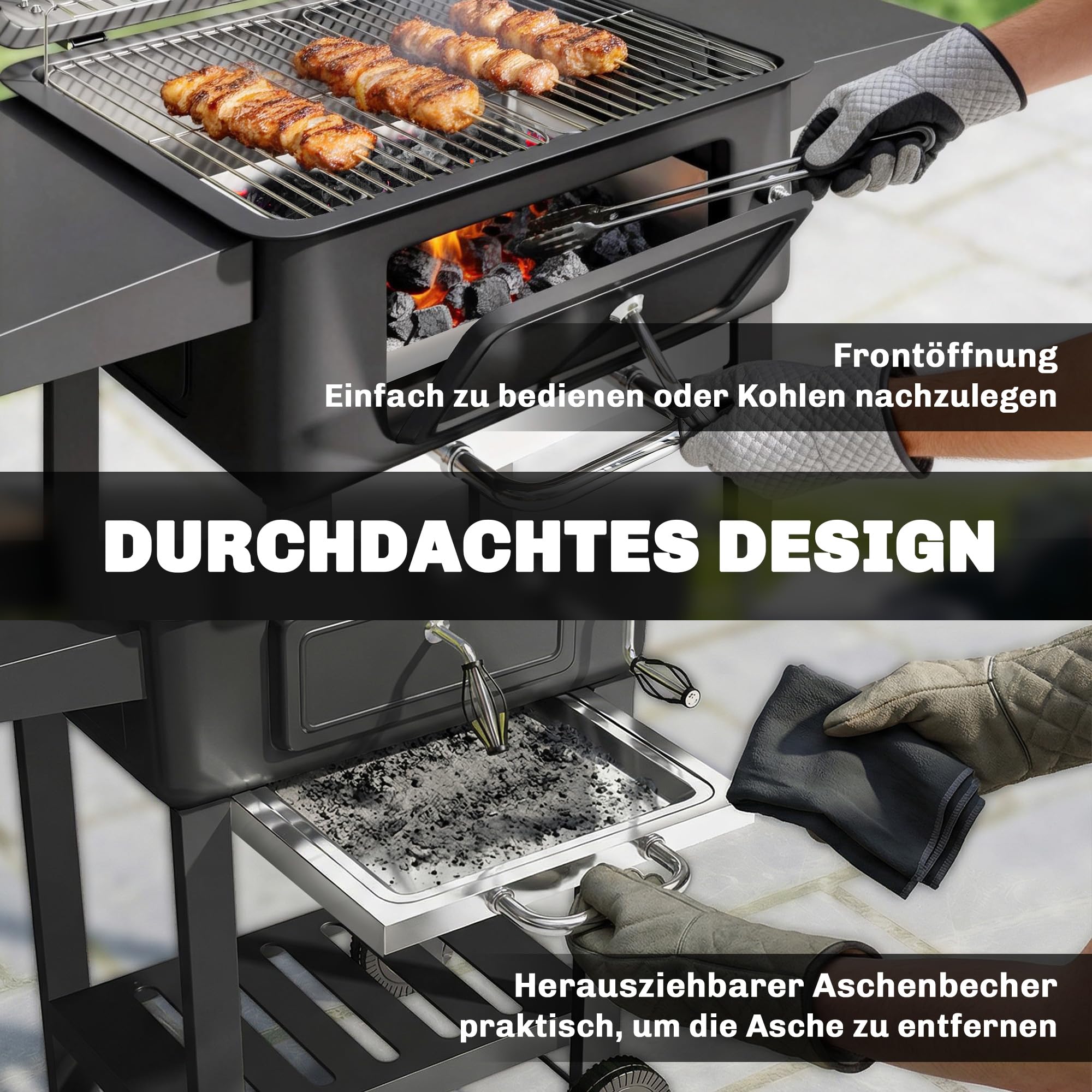 Outsunny Grill węglowy BBQ Smoker z pokrywą, termometrem, regulowaną wysokością węgla, kominem, rusztem, boczną półką i tacką na popiół, grill na kółkach do ogrodu i kempingu