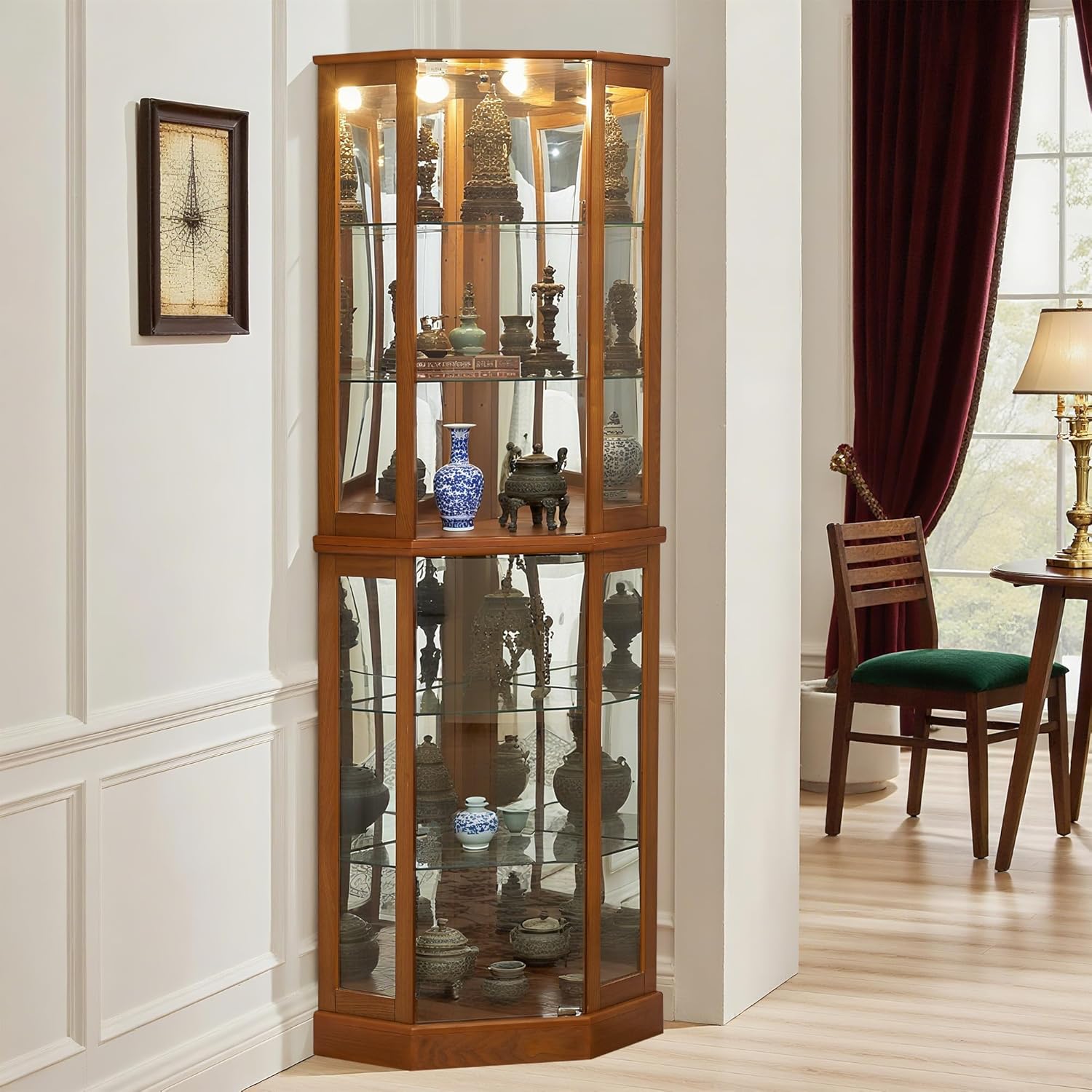 Lighted Corner Display Cabinet with Glass Doors, Wooden Curio Cabinet with Adjustable Shelves & Curved Design, Vintage Storage Cabinet with Mirrored Back for Home, Office, Bar, Oak