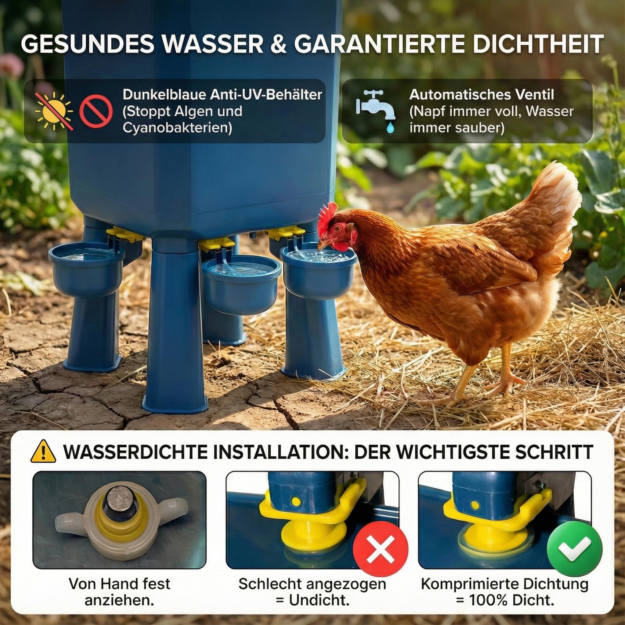 Kit Hühner-Futterautomat & Tränke 12KG/11L – Schädlingssicher, Automatikventil, Anti-Cyanobakterien, Ideal für Mikro-Farmen & Hobbybetriebe, Lange Autonomie, Weniger Nachfüllungen, Robuste