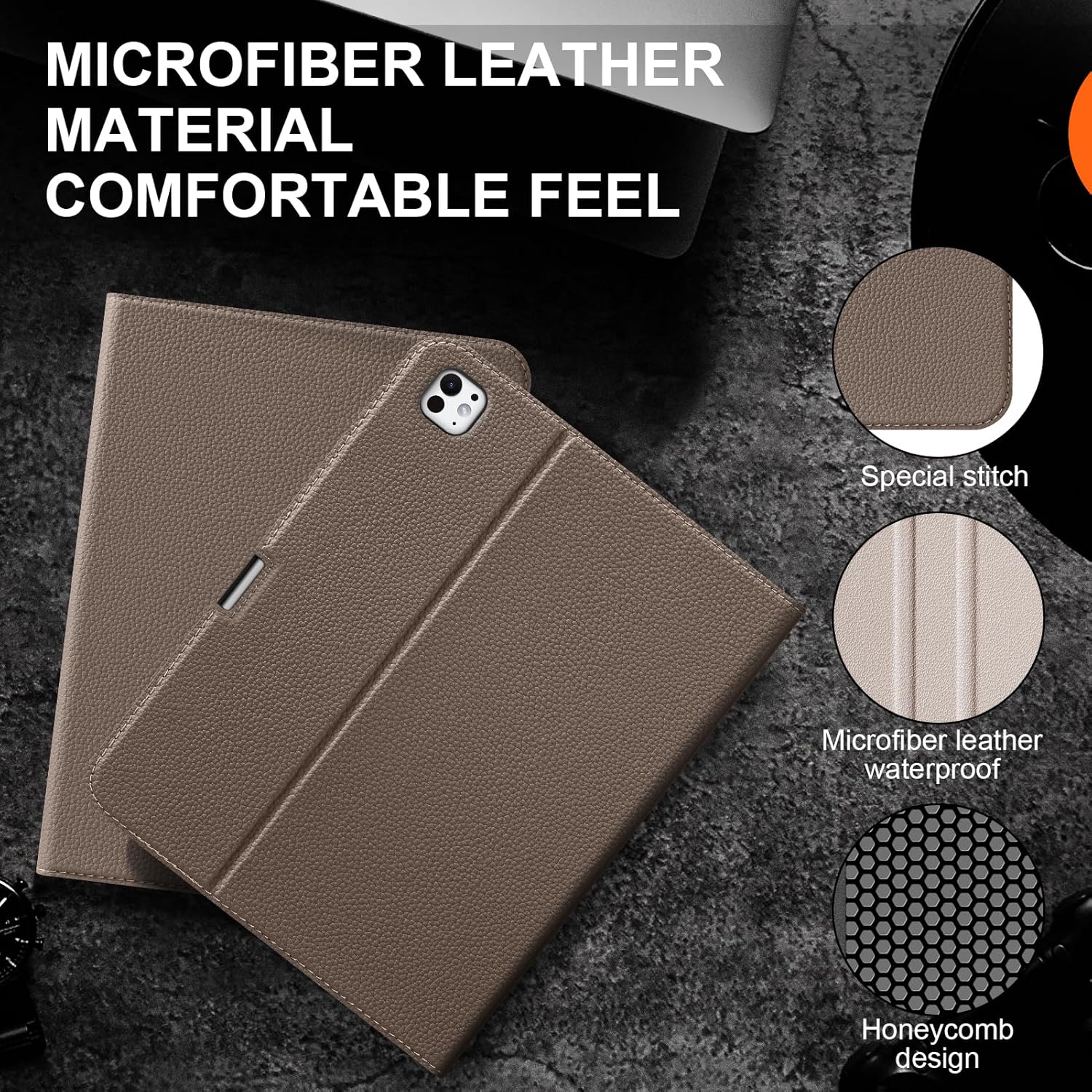 Leather Case for iPad Pro 13 inch 2024 2025 (M4/M5), Folio Stand Cover with Pencil Holder, Auto Wake/Sleep, Multiple Viewing Angles for Business, Gray Brown