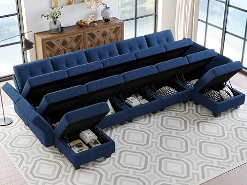 Miniatura 4 de Belffin Sofá cama modular modular con diván reversible en forma de U con asientos de almacenamiento de gran tamaño de 12 asientos, sofá modular azul