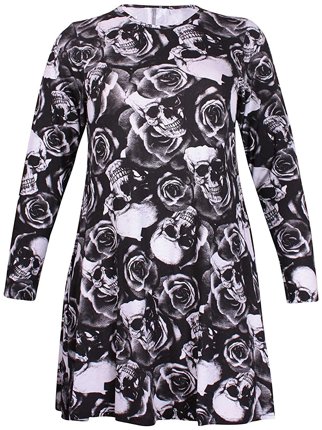 Womens Plus Size Flower Tartan Check Printed Ladies Round Neckline Flared Swing Dress Jumper Long Top Skull & Rose 16