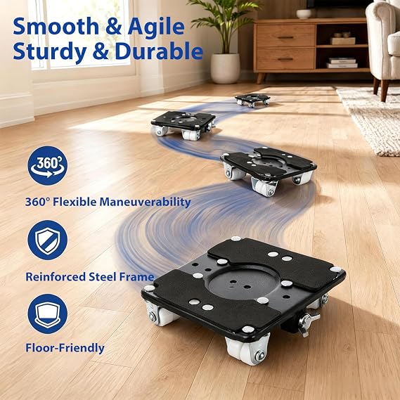 4Pcs Heavy Duty Furniture Moving Dolly Set 360° Universal Casters Portable Lifting Tool Jack & Gloves for Moving Sofa Refrigerator Cabinet Piano on Hardwood Floors