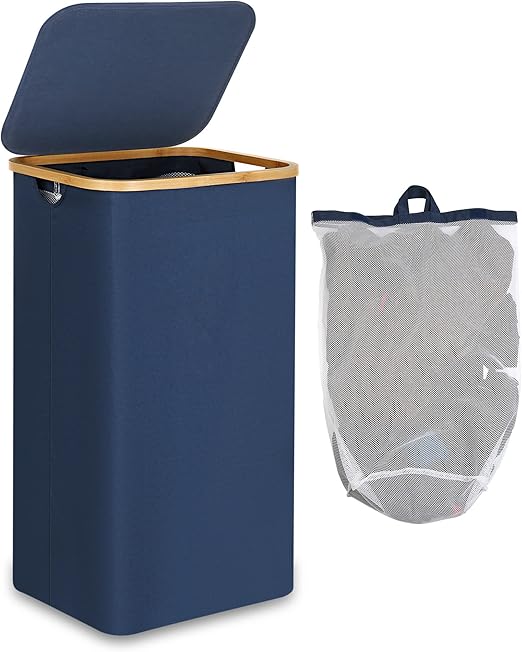 Lifewit 150L wasmand met deksel, wasmanden voor wasgoed met bamboe handvatten en een