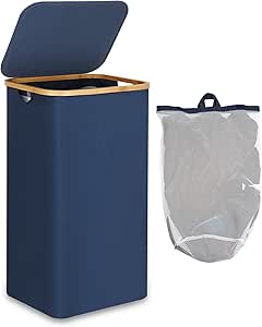 efluky Wasmand 63 l, dunne wasmand met deksel, opvouwbare wasmand wit met bamboe handgrepen en afneembare tas voor slaapkamer, waskeuken