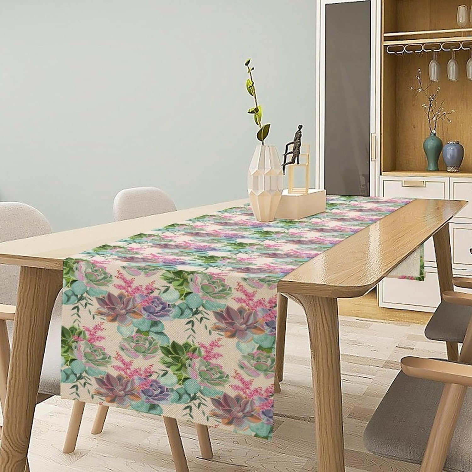 Succulent Garden Table Runner Pink Purple Foliage with Green Botanicals Nature-Inspired Home Decor for Farmhouse Indoor Outdoor Party Holiday Dining Kitchen Restaurant Cafe W13xL120in