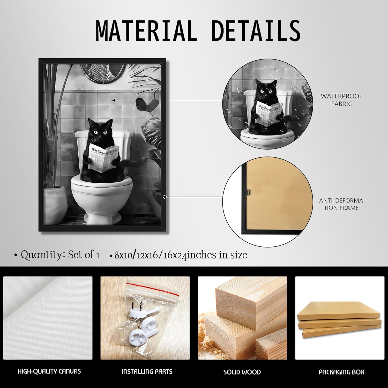 Framed Funny Cat Bathroom Wall Art, Black Cat the Toilet Reading Newspaper Canvas Wall Decor Painting, Cute Black and White Animal Prints Pictures for Bathroom Restroom 16x24 Inch