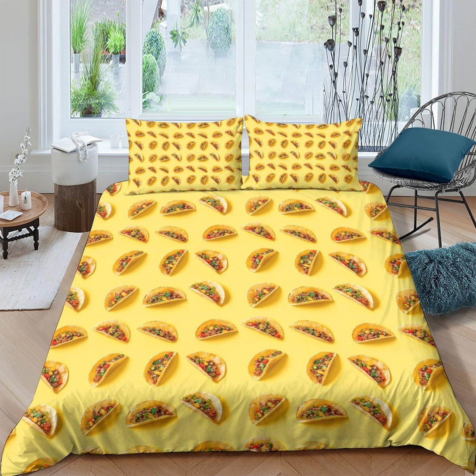 GPLZQXKJNH 3D Printed Taco Pattern Duvet Cover Set Microfiber Yellow Bedding Set with 2 Pillowcases for Bedroom Home Decor Single（135x200cm）