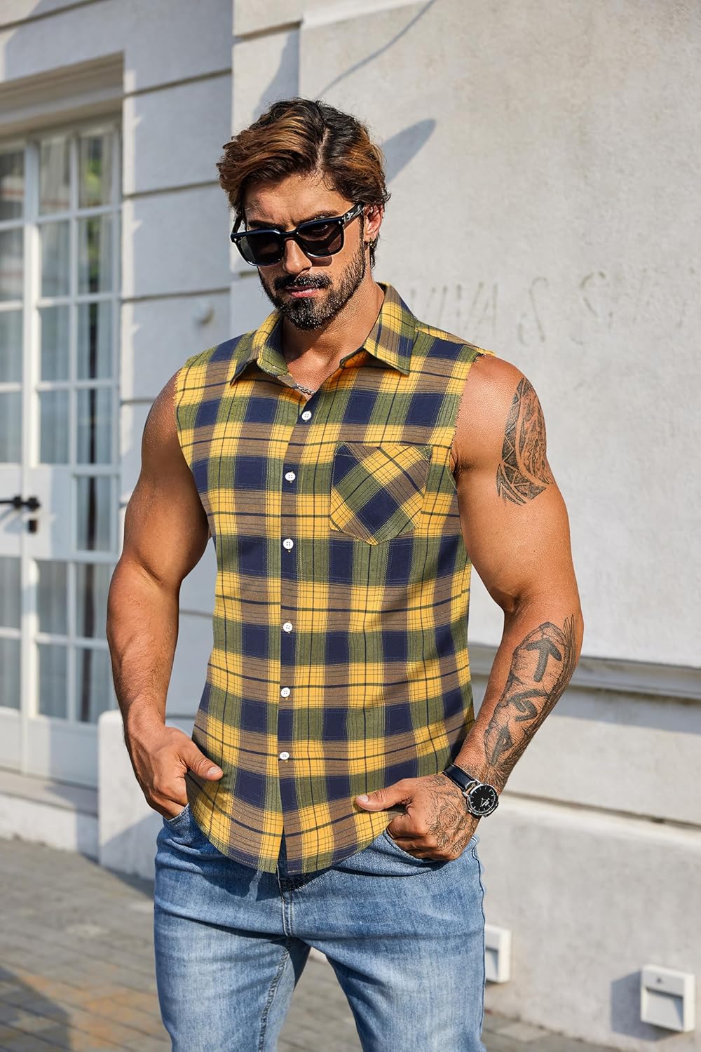 COOFANDY Mens Sleeveless Flannel Shirt Casual Summer Tank Top Button Up Sleeveless Beach Shirts with Chest Pocket - Image 2