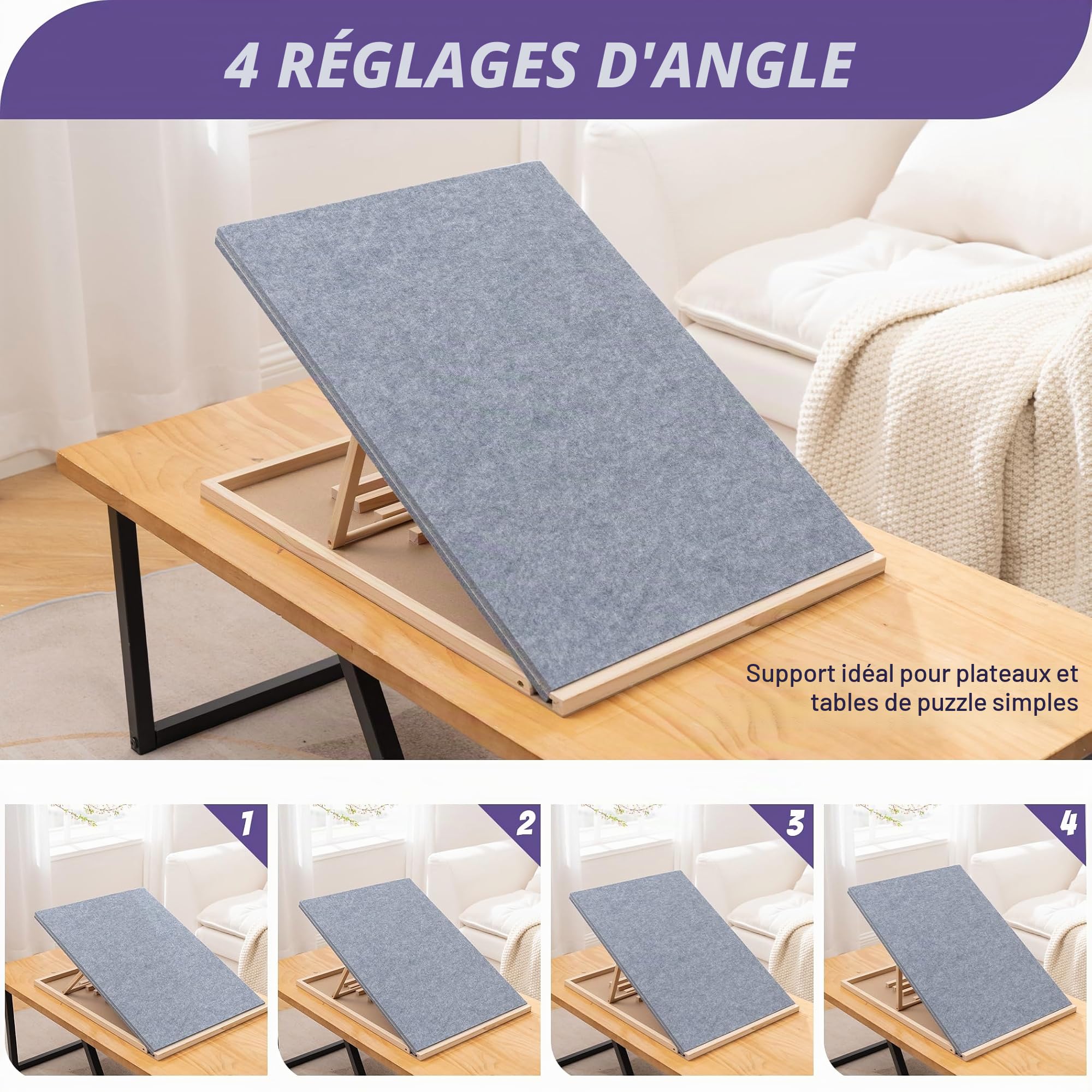 Tektalk Planche de Puzzle Pliable avec 4 Angles réglables, Plateau léger et Portable avec chevalet en Bois, Table de Puzzle Pliable en Feutre, jusqu'à 1500 pièces (Gris)