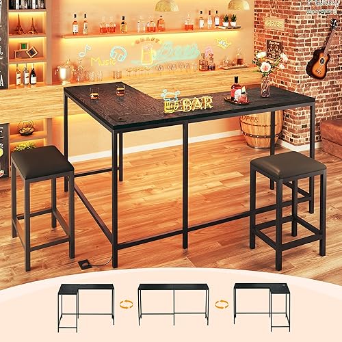 HUAHUU Juego de mesa de bar y sillas para 2-4, mesa de cocina convertible en forma de L de 63 pulgadas con tomas de corriente, mesa de comedor